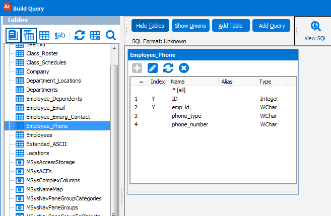 Build Query dialog with the selected fields in the Employee phone table.